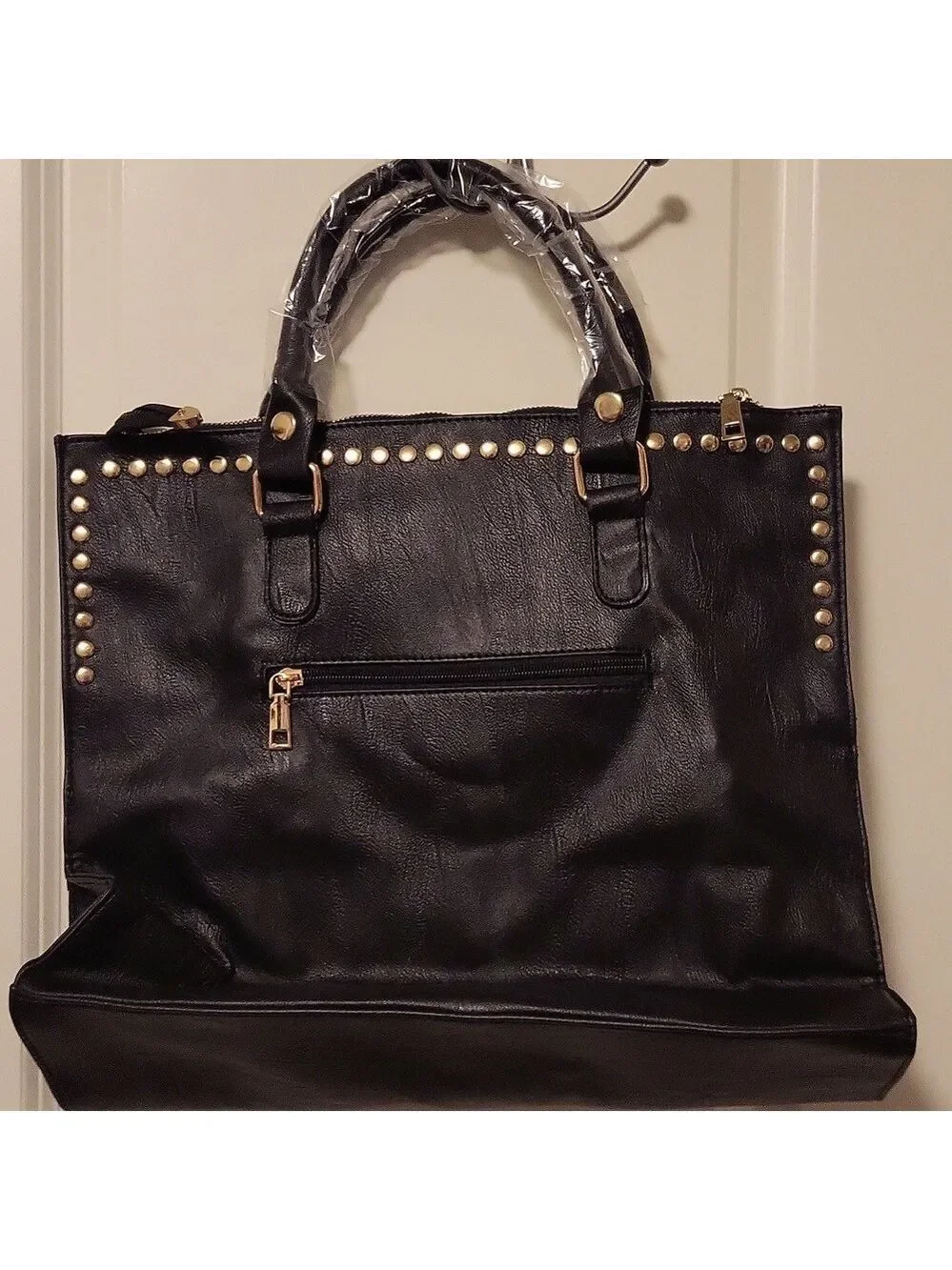 Black Vegan Leather Rivet Satchel Tote Top Handle Shoulder Bag Adjustable Strap